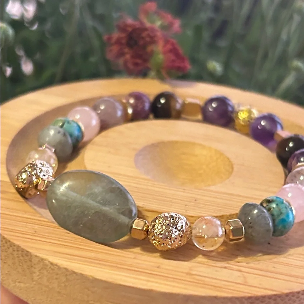 Handmade Fluorite + Rose Quartz + Amethyst Bracelet with Gold Accents